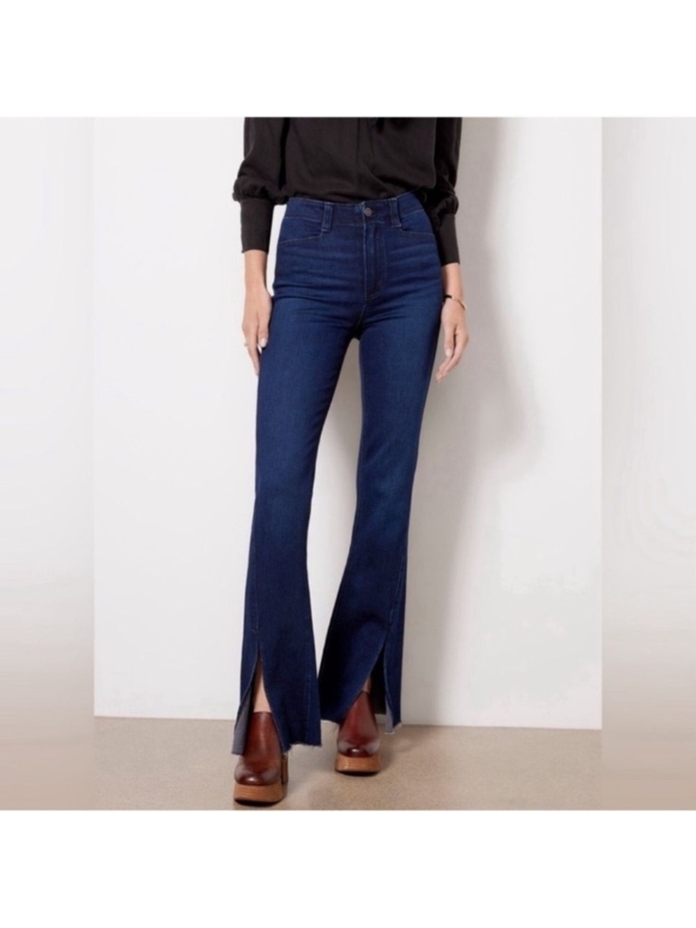 PAIGE Navy High-Rise Flare Jeans with Front Slits
